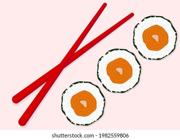 Vector illustration of a serving of sushi with red fish. Nearby wooden sticks