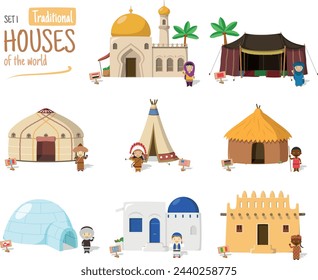 Vector illustration Set 1 of Traditional Houses of the World in cartoon style isolated on white background