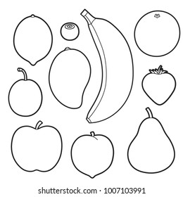 Vector illustration: set of 10 contour fruit and berries icons on white background. Color game for children education and pastime.
