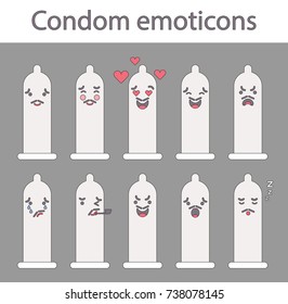 Vector illustration: set of 10  
facial features of condom with different emotions in linear style for your medical design isolated on grey background.