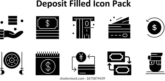Ilustração vetorial conjunto de 10 ícones no estilo Preenchido Sólido, com foco no assunto Depósito.