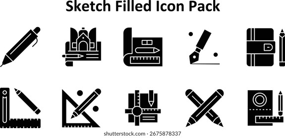 Conjunto de Ilustraciones vectoriales de 10 iconos en estilo Solid Filled, centrado en el tema Sketch.