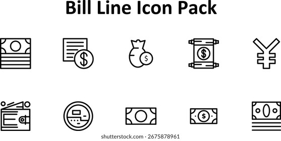 Vector illustration set of 10 icons in Thin Line style, focused on the Bill subject.
