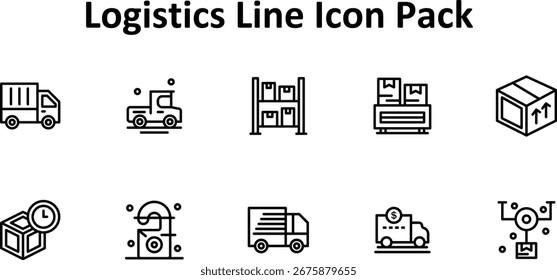 Conjunto de Ilustraciones vectoriales de 10 iconos en estilo Thin Line, enfocado en el tema Logística.