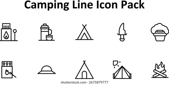 Conjunto de Ilustraciones vectoriales de 10 iconos en estilo de línea delgada, enfocado en el tema del camping.