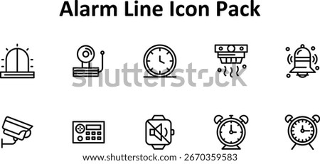 Vector illustration set of 10 icons in Thin Line style, focused on the Alarm subject.