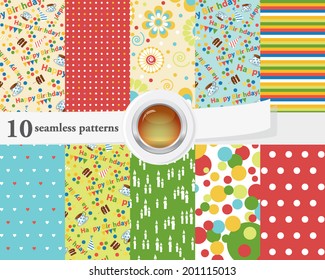 Vector illustration of a set of 10 seamless textures and backgrounds, cheerful, bright colors, with an eps 10 glass button. Happy Birthday theme.