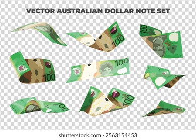 Vector illustration of set of 100 Australian dollar notes flying in different angles and orientations. Currency note design in Scalable eps format
