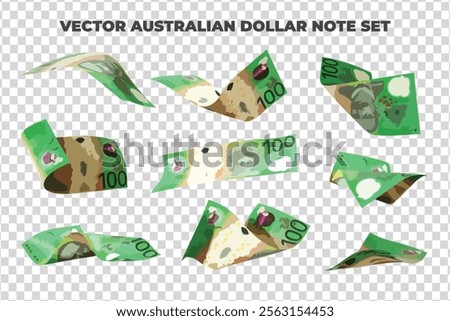 Vector illustration of set of 100 Australian dollar notes flying in different angles and orientations. Currency note design in Scalable eps format
