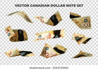 Vector illustration of set of 100 Canadian dollar notes flying in different angles and orientations. Currency note design in Scalable eps format
