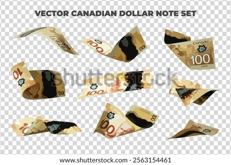 Vector illustration of set of 100 Canadian dollar notes flying in different angles and orientations. Currency note design in Scalable eps format
