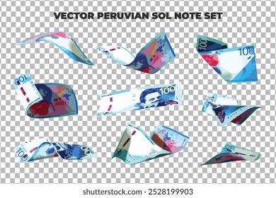 Ilustración vectorial de conjunto de 100 notas de sol peruanas volando en diferentes ángulos y Orientaciones. Diseño de nota de moneda en formato eps escalable