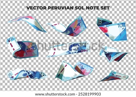 Vector illustration of set of 100 Peruvian sol notes flying in different angles and orientations. Currency note design in Scalable eps format