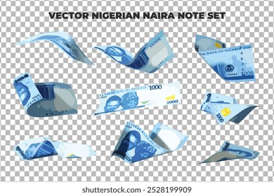 Vector illustration of set of 1000 Nigerian naira notes flying in different angles and orientations. Currency note design in Scalable eps format