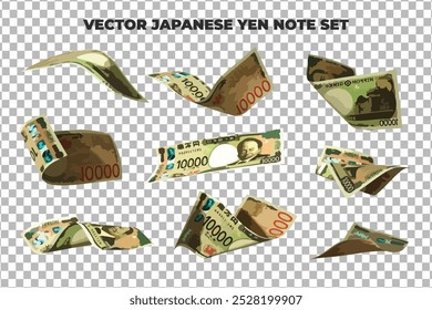 Ilustração vetorial do conjunto de notas de 10000 ienes japoneses voando em diferentes ângulos e orientações. Design de notas de moeda em formato Scalable eps