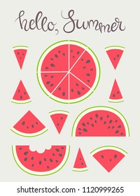 Vector illustration: set of 11 red cone, semicircle and circle flat watermelon pieces icons with black seeds, green peel and tooth bite with calligraphic lettering isolated on creamy background