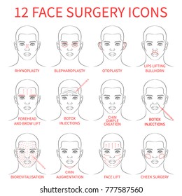 Vector illustration: set of 12 black contour hand drawn european male face plastic surgery icons isolated on white background
