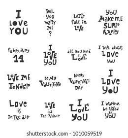 Vector illustration: set of 12 cartoony hand drawn unique typography slogans for decoration, prints and posters. Design elements isolated on white background for Valentine's Day.