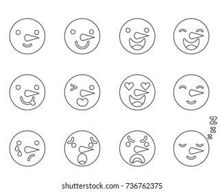 Vector illustration: set of 12  contour icons
facial features of snowman with different emotions  for your cartoon character design isolated on light white background.