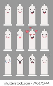 Vector illustration: set of 12  
facial features of condom with different emotions in linear style for your medical design isolated on grey background.