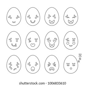 Vector illustration: set of 12 funny linear egg icons with different emotions isolated on white background for Easter celebration decor.
