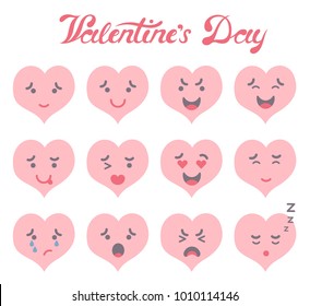 Vector illustration: set of 12 funny flat pink heart icons with different emotions isolated on white background for Valentine's day celebration decor.
