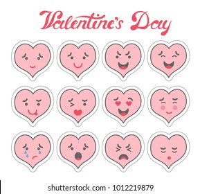 Vector illustration: set of 12 funny flat pink heart stickers with different emotions isolated on white background for Valentine's day celebration decor.
