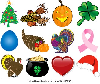 Vector Illustration. Set of 12 Holiday Icons.