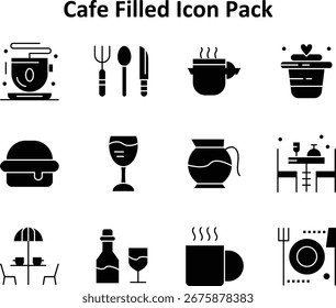 Vektorgrafik-Set mit 12 Symbolen im Solid Filled-Stil, fokussiert auf das Cafe-Thema.