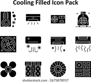 Vector illustration set of 12 icons in Solid Filled style, focused on the Cooling subject.