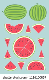 Vector illustration: set of 13 red cone, semicircle and circle flat watermelon pieces and entire striped watermelons icons with black seeds and green peel in retro style isolated on blue background