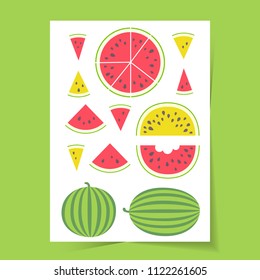 Vector illustration: set of 13 red and yellow cone, semicircle and circle flat watermelon pieces icons with black seeds and green peel and striped watermelons style isolated on white background
