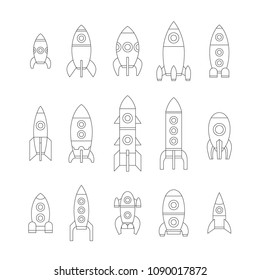 Vector illustration: Set of 15 black linear icons with different rocket ships isolated on white background. Project start up and development process. Innovation product and management.
