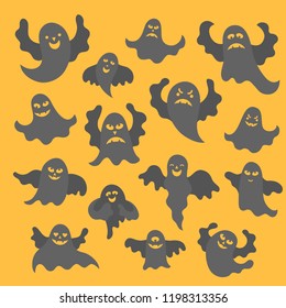 Vector illustration:  set of 15 black scary ghoast icons isolated on yellow background. Decorative elements for Halloween party greeting cards, posters, postcards, scrapbooking
