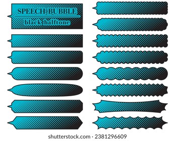 Vector illustration of Set of 15 black halftone horizontally long speech bubbles (blue)