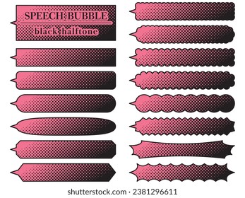 Vector illustration of Set of 15 black halftone horizontally long speech bubbles (pink)