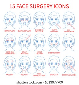 Vector illustration: set of 15 blue contour hand drawn black woman face plastic surgery icons isolated on white background
