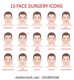 Vector illustration: set of 15 blue contour hand drawn european male face plastic surgery icons isolated on white background
