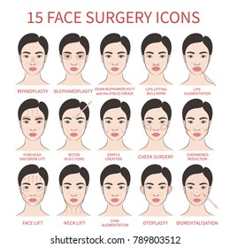 Vector illustration: set of 15 colored hand drawn asian female face plastic surgery icons isolated on white background
