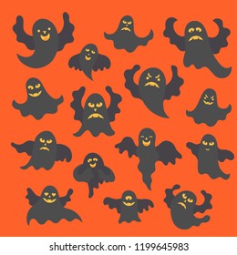 Vector illustration: set of 15 dark scary ghost icons isolated on orange background. Decorative elements for Halloween party greeting cards, posters, postcards, scrapbooking
