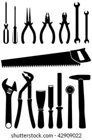 Vector illustration set of 15 different hand tools. All objects and details are isolated and grouped. Each tool has a transparent background. Colors are easy to adjust or customize.