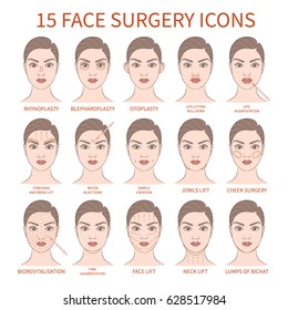 Vector illustration: set of 15 face plastic surgery operations demonstrated on european woman face isolated on white background.