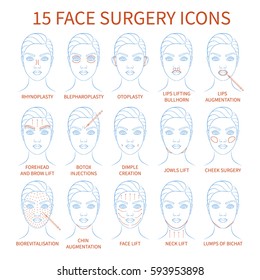 Vector illustration: set of 15 hand drawn face plastic surgery icons isolated on white background.