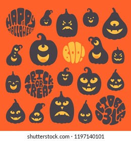 Vector illustration: set 16 black carved pumpkings and lettering isolated on orange background. Decorative elements for Halloween party greeting cards, posters, postcard, wrapping paper, scrapbooking
