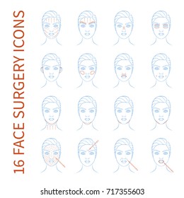 Vector illustration: set of 16 face plastic surgery operations demonstrated on european woman face isolated on white background.