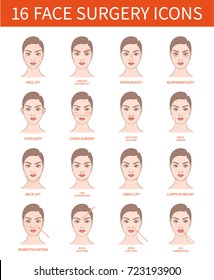 Vector illustration: set of 16 face plastic surgery operations demonstrated on european woman face isolated on white background.
