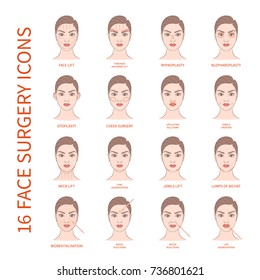 Vector illustration: set of 16 face plastic surgery operations demonstrated on european woman face isolated on white background.
