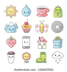 Vector illustration: set of 16 kawaii style different icons with cute faces isolated on white background. Icon design for posters, banners, greeting cards, Things for kids - clothes, dishes, toys.