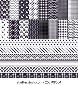 Vector illustration of a set of 16 seamless patterns in monochrome colors with laces, stripes, arranged in tiles  