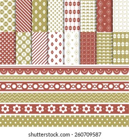 Vector illustration of a set of 16 seamless patterns in monochrome colors with laces, stripes, arranged in tiles  